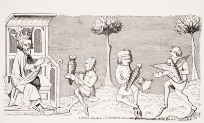 Koning Modus leert de kunst van het valkenieren, reproductie van een miniatuur in het 14e-eeuwse manuscript 